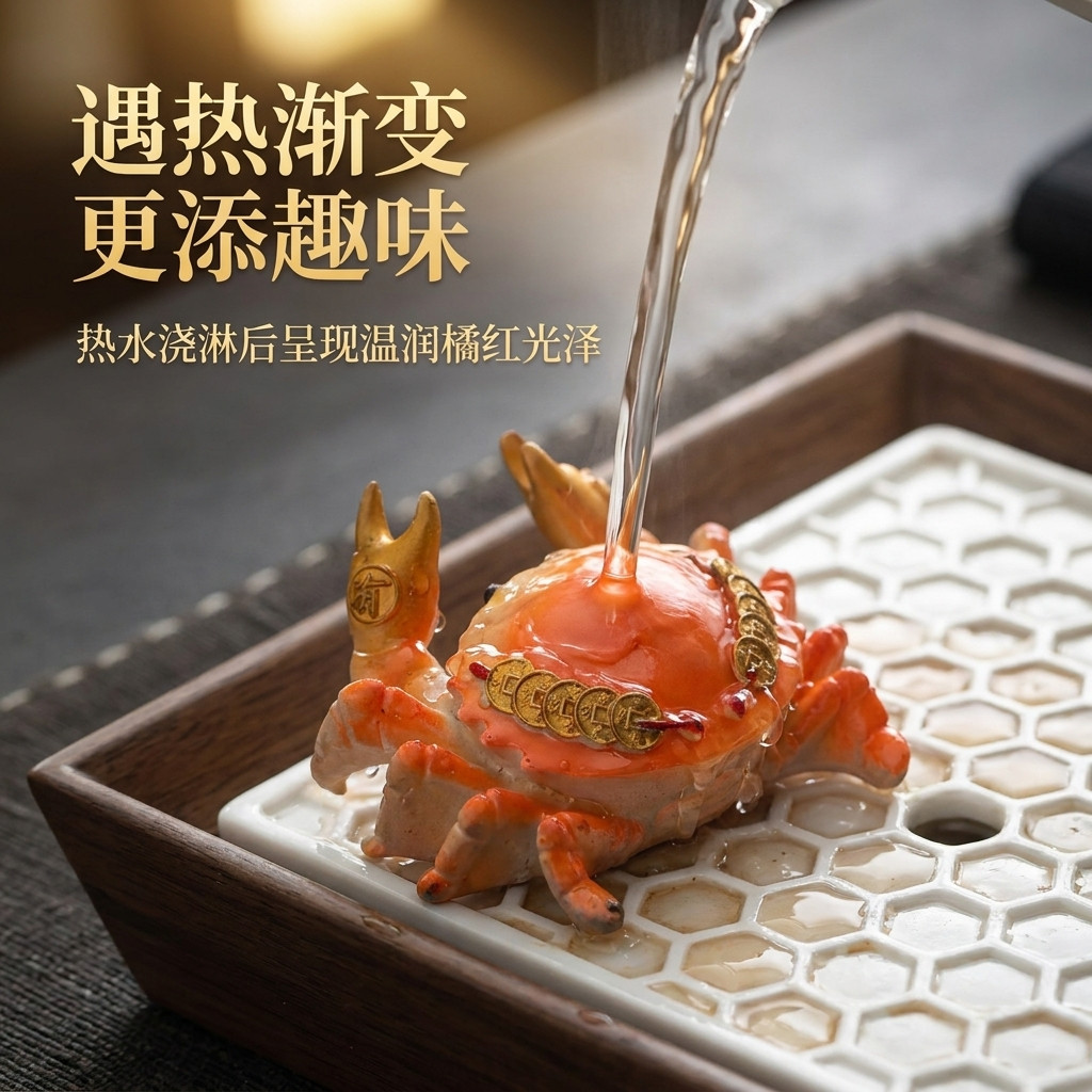 变色螃蟹茶宠八方来财精品可养茶玩遇热变色茶台摆件功夫茶具装饰