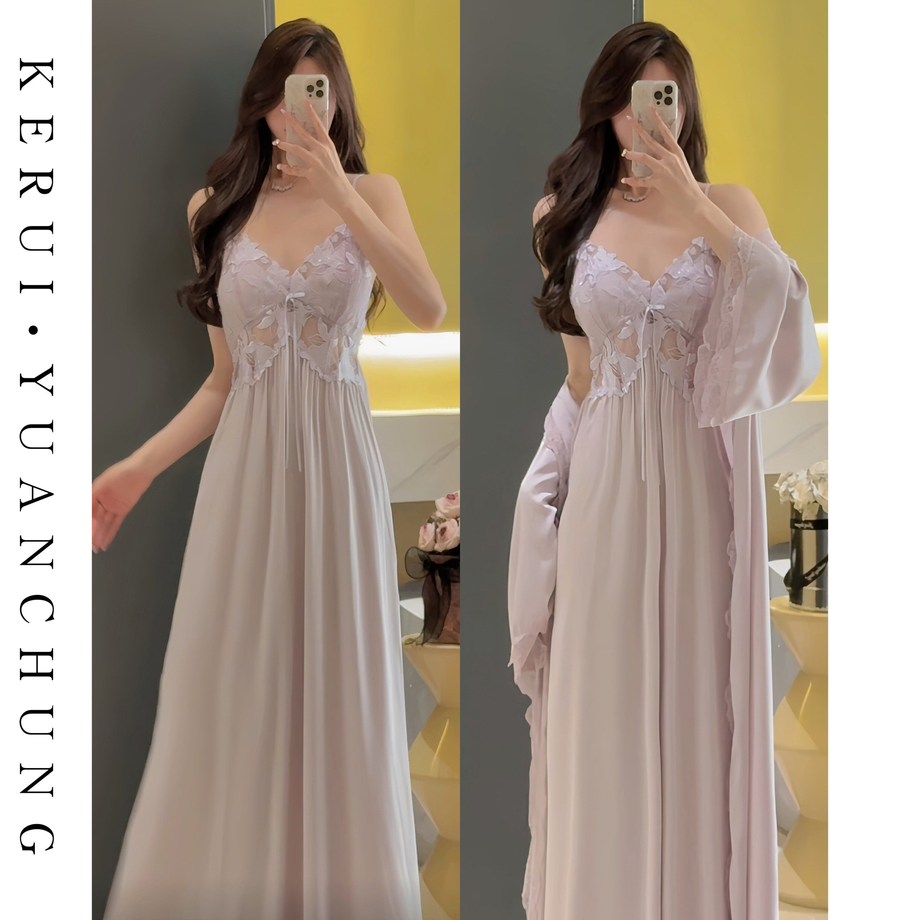 2026睡衣女夏季新款性感独特冰丝睡袍法式高级感蕾丝吊带睡裙套装