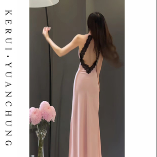 性感美背睡裙女款冬季睫毛蕾丝气质吊带长裙高级纯欲带胸垫家居服