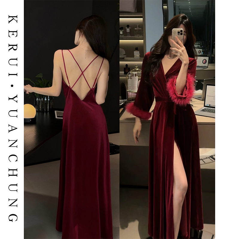 秋冬法式丝缎绒长裙长袍高级