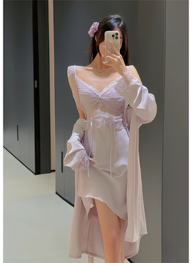 法式氛围睡衣女款夏蕾丝镂空约会睡裙仙女独特冰丝吊带睡袍带胸垫
