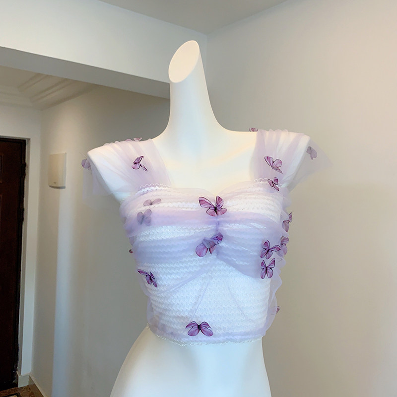 立体蝴蝶原创网纱吊带甜美上衣