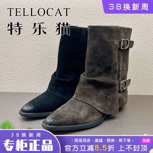 正品TELLOCAT特乐猫女靴2025秋新款牛皮中跟尖头短靴时尚性感