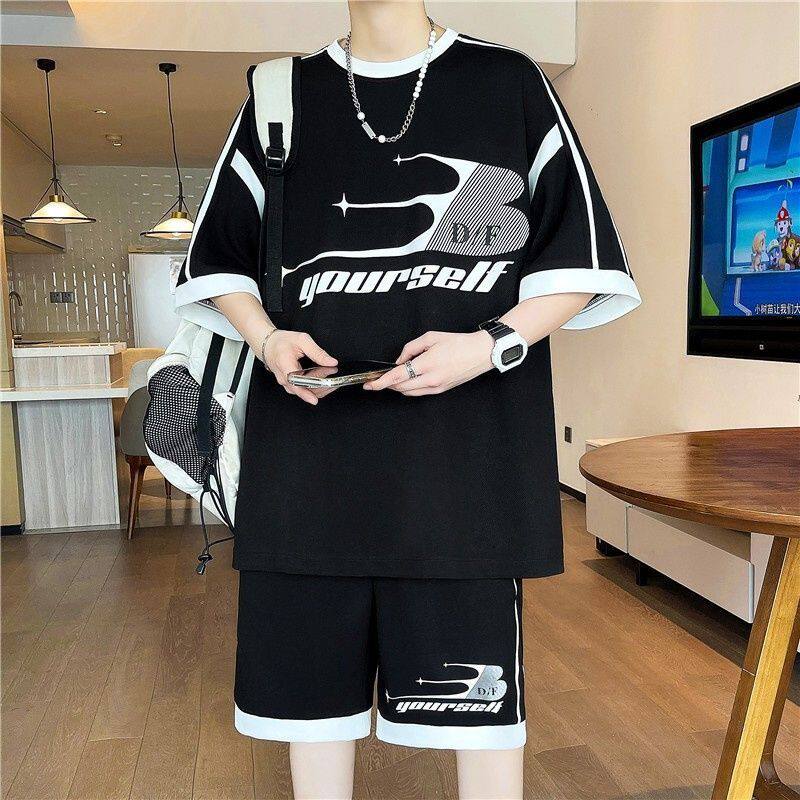 休闲运动套装男士夏季2026新款搭配帅气青少年夏装个性印花短袖裤