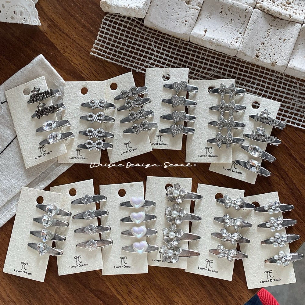 韩系INS冷淡风银色鸭嘴夹套装水钻彩色卡通钻爱心小熊珍珠刘海夹