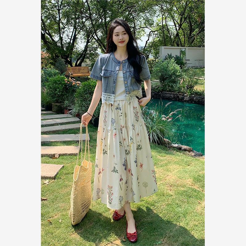 大码温柔风时尚套装夏季蕾丝牛仔外套女装胖MM印花半身裙子两件套
