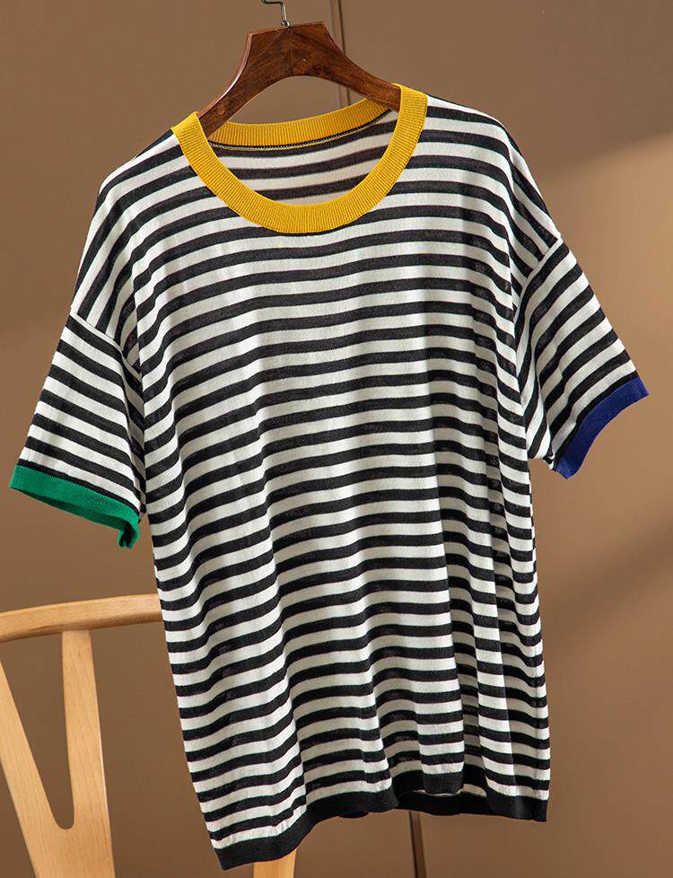 条纹有辨识度 精纺羊毛短袖针织衫t恤女上衣