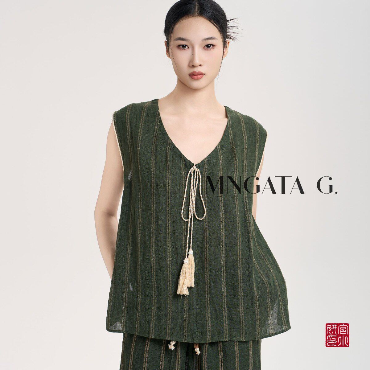 宫小妍【亚麻·山岚】夏日亚麻波嬉新中式女装女装马甲裤子套装50