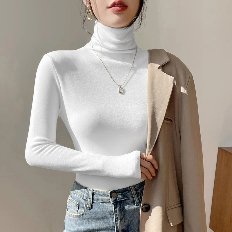 莫代尔白色高领打底衫女春秋2026新款洋气内搭堆堆领修身螺纹上衣