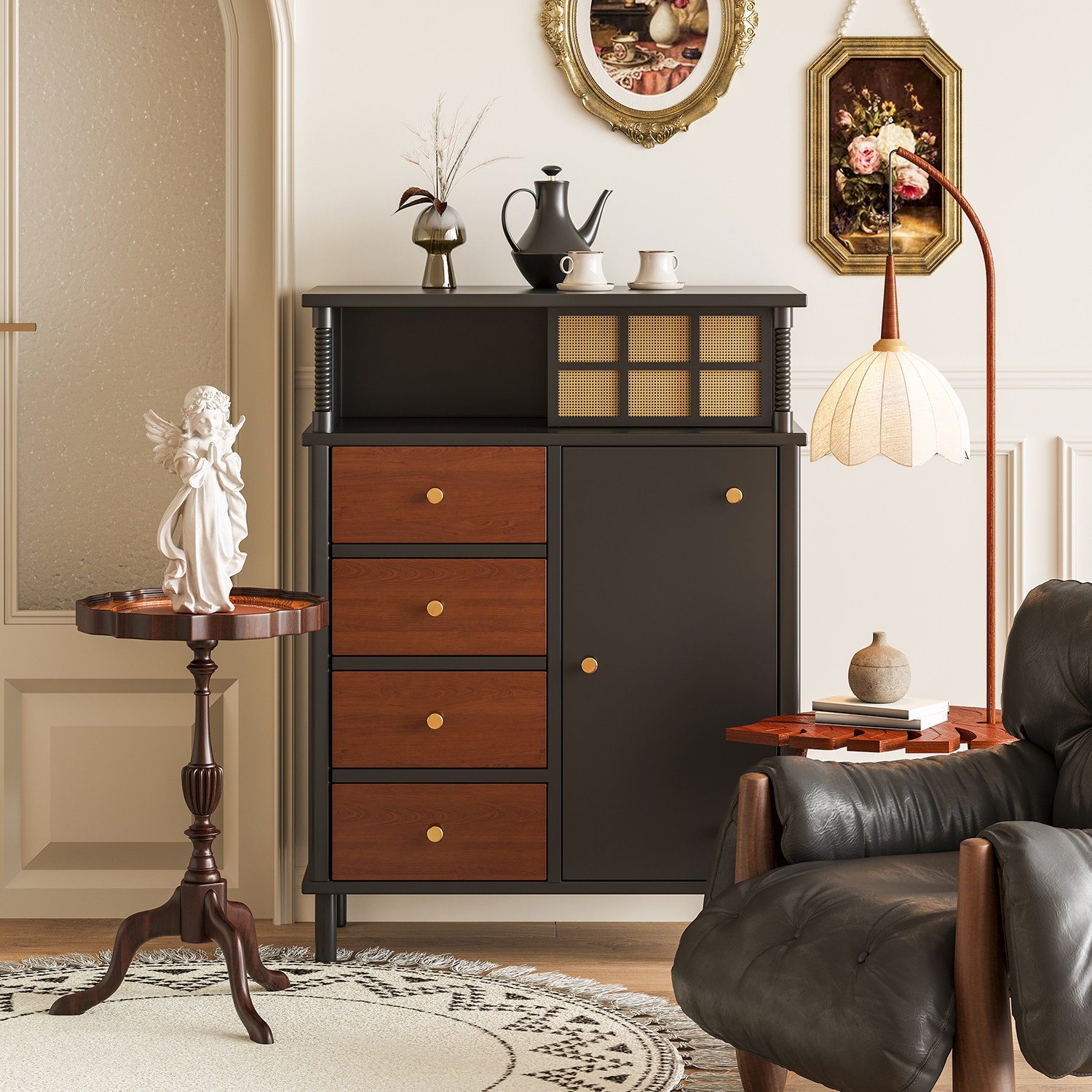 谷及 复古美式藤编斗柜红黑拼色卧室墙边立柜五斗柜简约储物柜子,住宅家具,斗柜,淘宝优惠券,粉丝福利购,淘宝优惠卷
