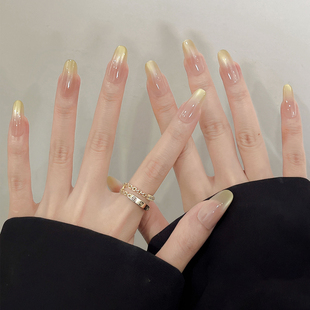 黄黑皮显白美甲手工美甲穿戴甲中长款2025新款高级感渐变猫眼银尘