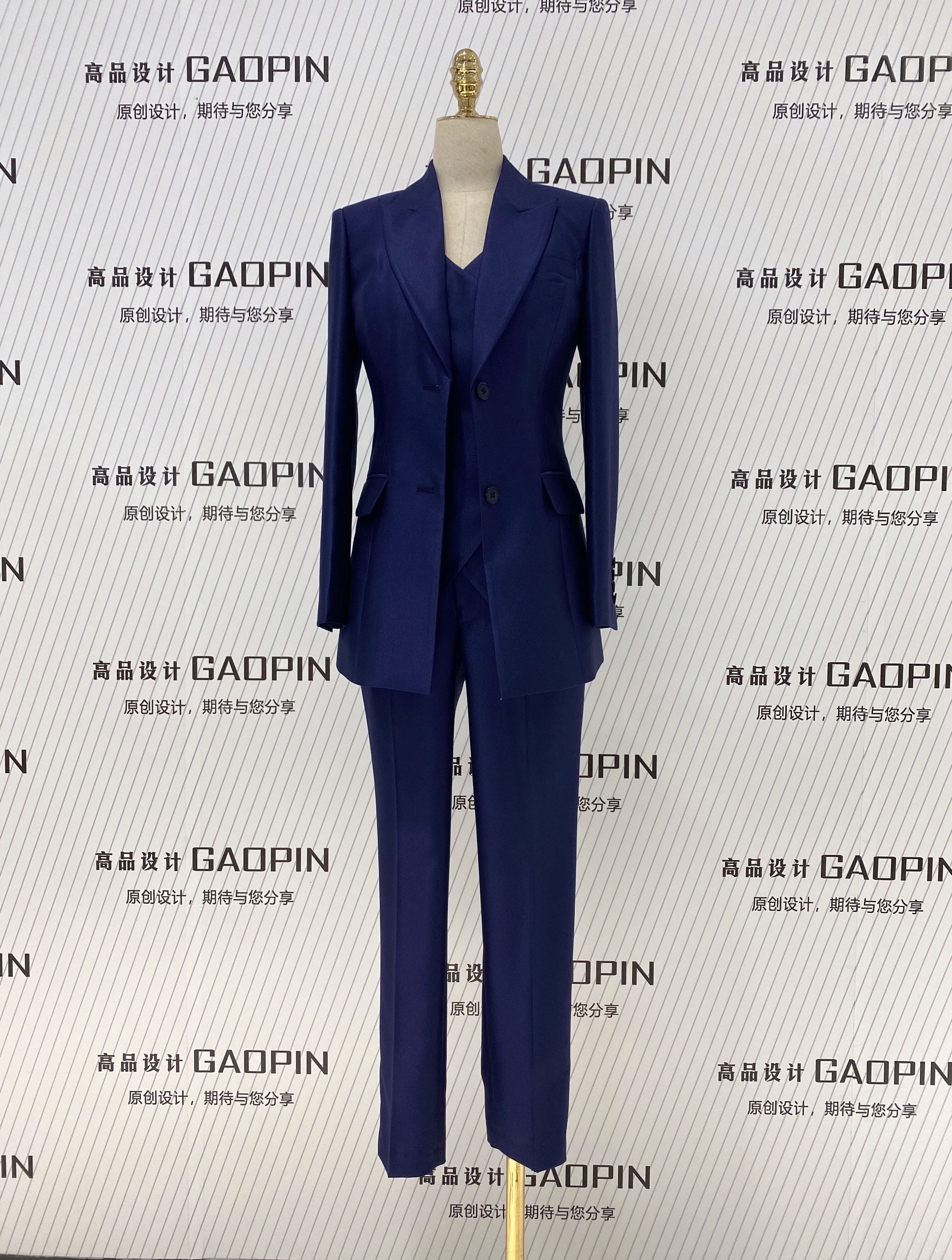 西装套装女马夹三件套修身春秋款面试上班正装职业通勤西服宝蓝色