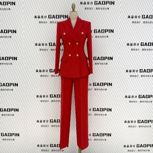 女金属扣阔腿裤 套装 主持人年会活动西服 高档红色西装 2026春秋新款