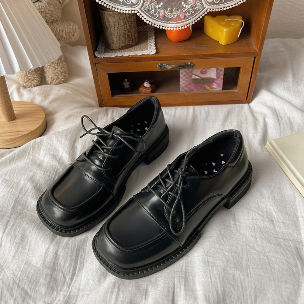 2022春季新款小皮鞋女英伦风复古百搭黑色工作鞋方头平底系带单鞋