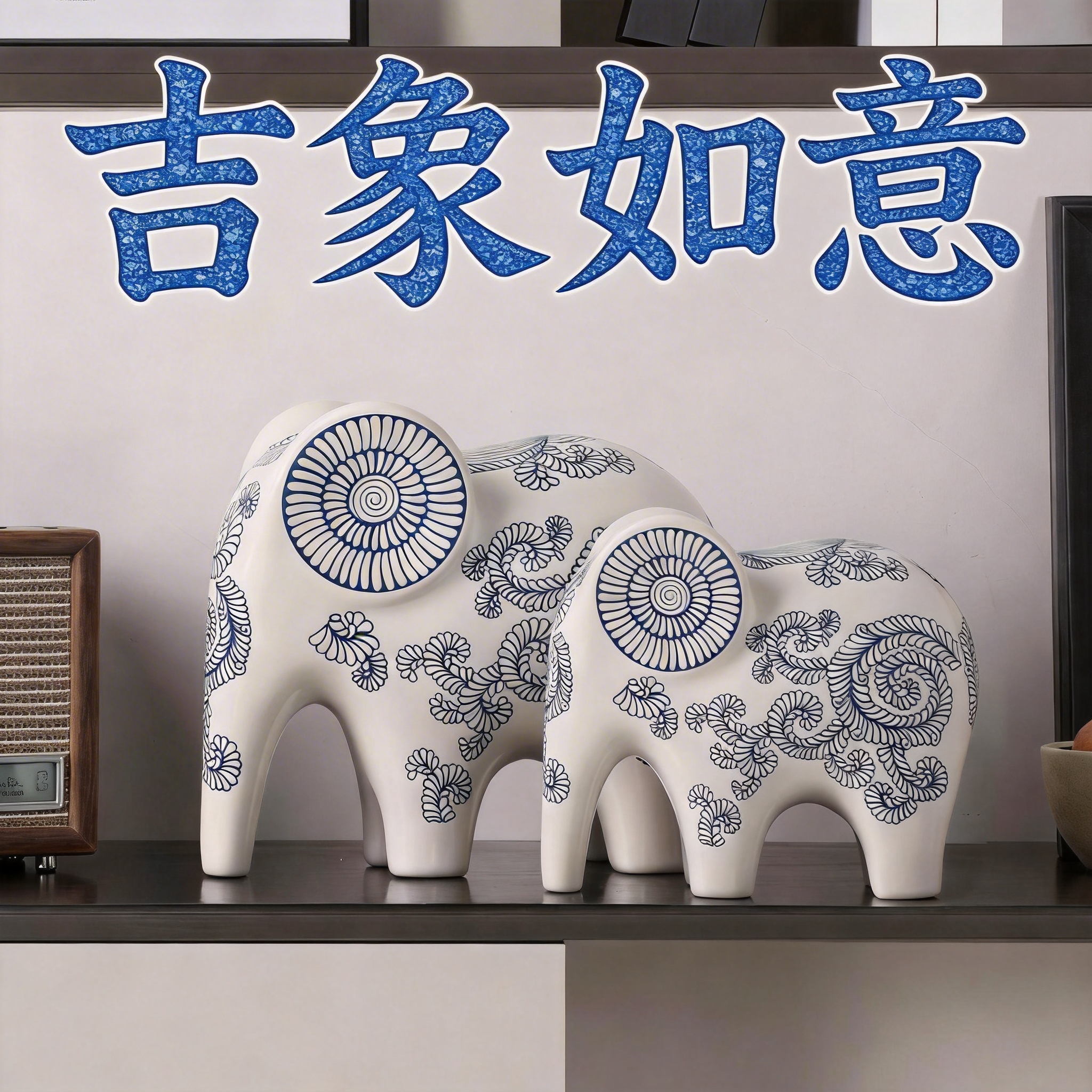 景德镇青花瓷大象吉象如意摆件