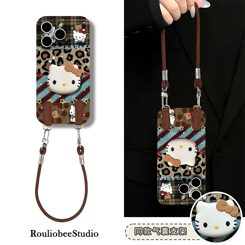 拼接纹kt猫支架全包挂绳手机壳