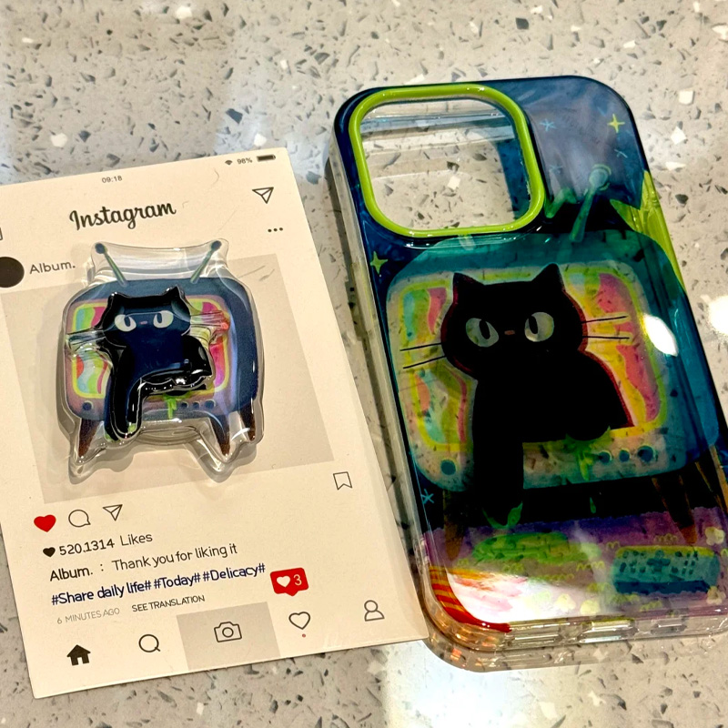 个性黑猫支架适用苹果16promax手机壳iphone15新款mate60红米note13防摔k70小米14华为pura70软壳vivoppo荣耀
