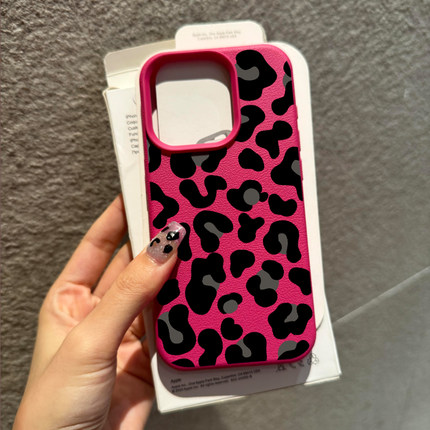 甜酷黑色豹纹适用苹果15promax手机壳iPhone16pro新款17荔枝纹13趣味小众12个性皮质软壳11防摔14pro保护套女