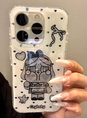 黑色蝴蝶结哭娃适用iPhone16pro手机壳13苹果15promax卡通12女华为p70新款vivoIQOOz9x小米14红米k80荣耀oppo