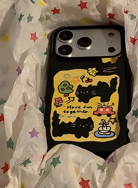 秋日炸毛小黑猫适用iPhone16pro手机壳17苹果15promax简约12女华为mate60新款p70可爱vivo小米14红米荣耀oppo