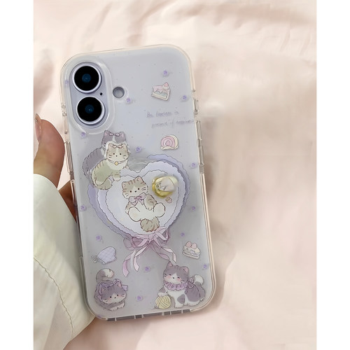 紫爱心猫咪咖啡适用iPhone16pro手机壳17pro苹果15promax转转支架13华为p70新款vivo小米14红米k80荣耀70oppo