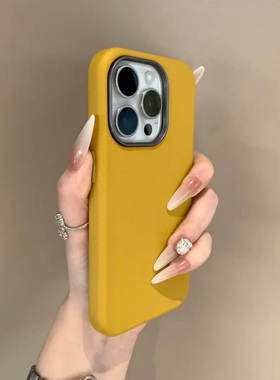 姜黄色皮纹金属框适用苹果16promax手机壳iphone14pro新款13高级感12个性17保护套15promax全包防摔简约软壳