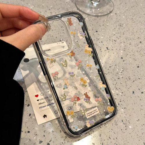 炫彩碎花小兔适用苹果16promax手机壳iPhone14pro新款13亚克力12卡通11女15promax小清新p60华为mate70透明套