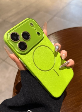 荔枝纹PC壳适用苹果17ProMax绿色手机壳iphone15pro细圈磁吸16promax高级感14plus新款13多巴胺12男女款硬套