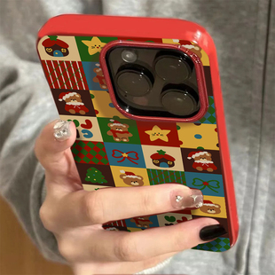 圣诞拼接格纹适用苹果16promax手机壳iphone14pro新款 13卡通12可爱11保护套15promax全包防摔硅胶xr软壳xsmax