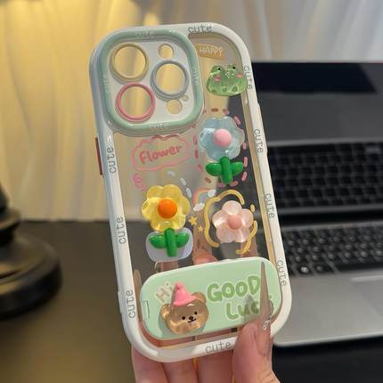 青蛙花朵支架适用iPhone16pro手机壳13苹果15promax可爱12女11华为mate60新款p70vivo小米14红米k80荣耀oppo