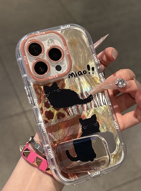 黑猫泡芙羽纱适用苹果16promax手机壳iphone17pro支架15华为mate70新款13卡通vivos19小米14红米k80荣耀oppo