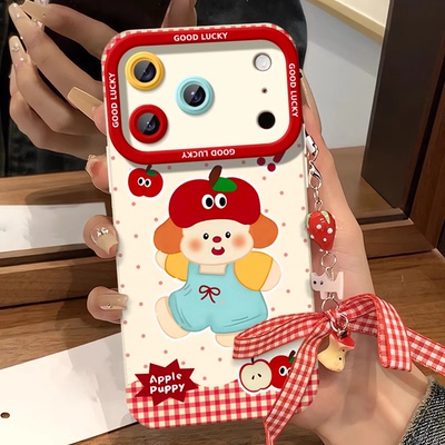 红格纹苹果小狗适用苹果16promax手机壳iPhone15卡通14promax可爱13创意12个性11白色磨砂天使眼17promax男女