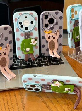 双支架小猫适用iPhone17promax手机壳12苹果16创意15华为p70卡通vivos30小米17pro支架oppo13红米nate14荣耀