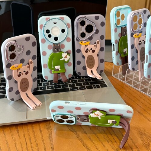 双支架小猫适用iPhone17promax手机壳12苹果16创意15华为p70卡通vivos30小米17pro支架oppo13红米nate14荣耀