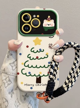 狗狗圣诞树适用苹果16promax手机壳iPhone15卡通14promax创意13黑白橘扣挂绳12个性11白色磨砂大视窗17promax