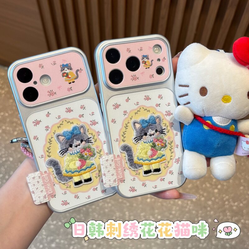 刺绣花花猫咪适用苹果16promax手机壳iPhone17/18华为p70小米17pro荣耀500创意OPPOfindx8红米k90创意VIVOs50