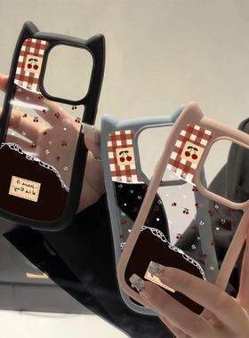 格纹樱桃适用苹果16promax手机壳iphone14pro新款13卡通12日韩可爱11猫耳朵15promax全包防摔15plus透明软壳