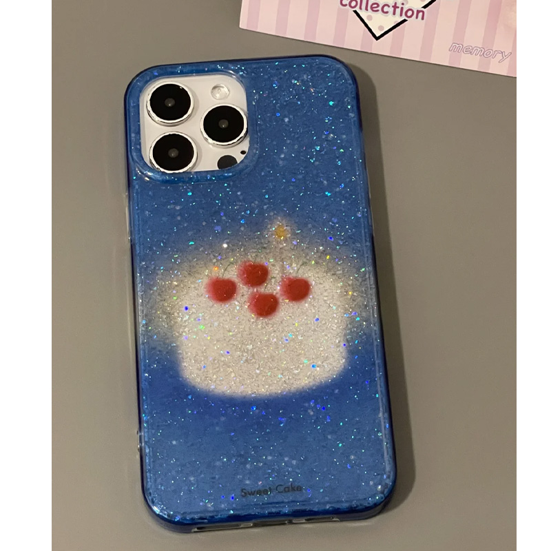 蓝色闪粉蛋糕适用苹果16promax手机壳iPhone15日韩新款14pro网红13创意16小众15Pro防摔保护套女12/11潮xsmax