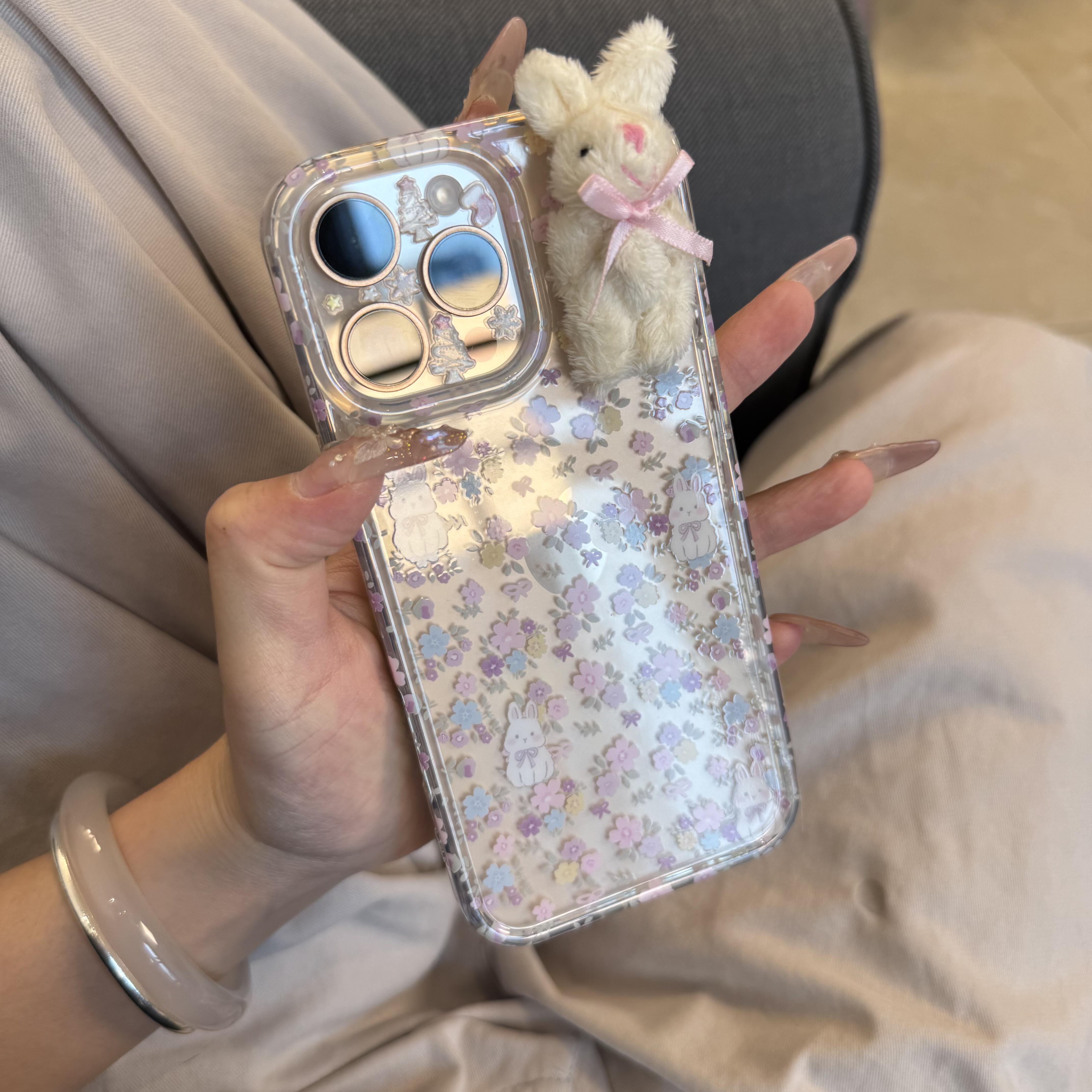 碎花毛绒兔适用苹果16手机壳iPhone15promax新款华为mate60红米note13卡通p70小米14壳vivoo荣耀oppo防摔k70
