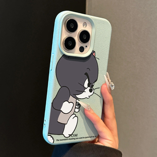 卡通可爱汤姆猫适用苹果15promax手机壳iPhone14新款荔枝纹13趣味杰瑞12个性皮质软15Pro防摔14pro保护套女款