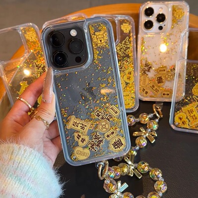 高级感带金色手链金箔流沙手机壳