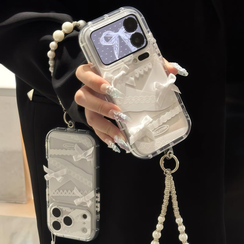 蝴蝶结珍珠手链适用iPhone16promax手机壳14苹果18华为P90小米17pro/opporeno15红米k80荣耀vivox300彩虹壳13