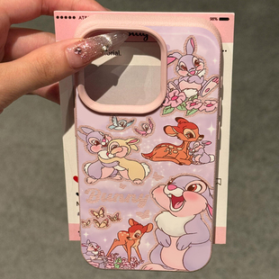 可爱紫桑普兔适用苹果15promax手机壳iPhone16pro新款荔枝纹13趣味插画卡通12个性皮质11防摔14pro保护套女款