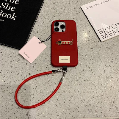 可爱刺绣腊肠狗手机壳腕带挂绳