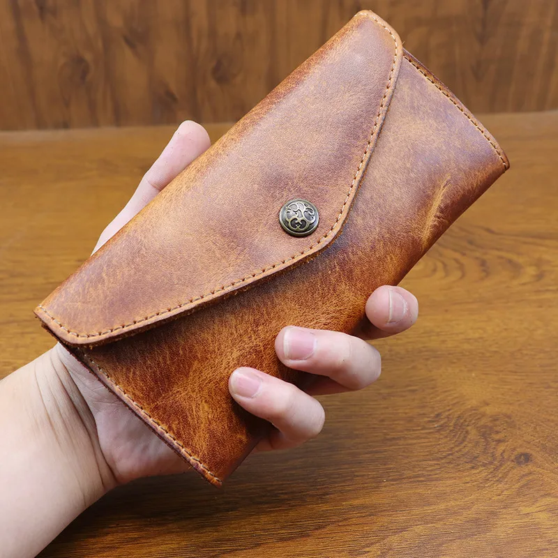 复古手工植鞣皮手机包男女长款真皮钱夹大容量手拿包头层牛皮包