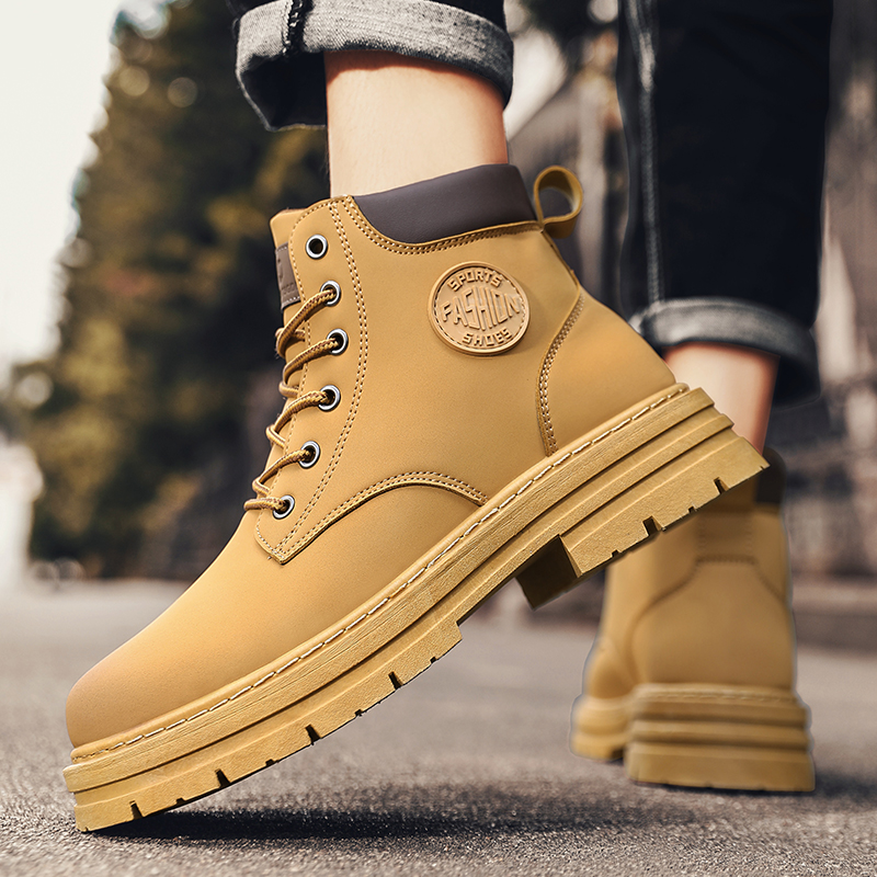 大黄靴2025爆款加绒厚底靴子时尚百搭防滑登山鞋工装靴短靴马丁靴