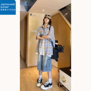 真维斯户外运动潮流夏季新款格子衬衫短袖美式休闲宽松百搭情侣衣