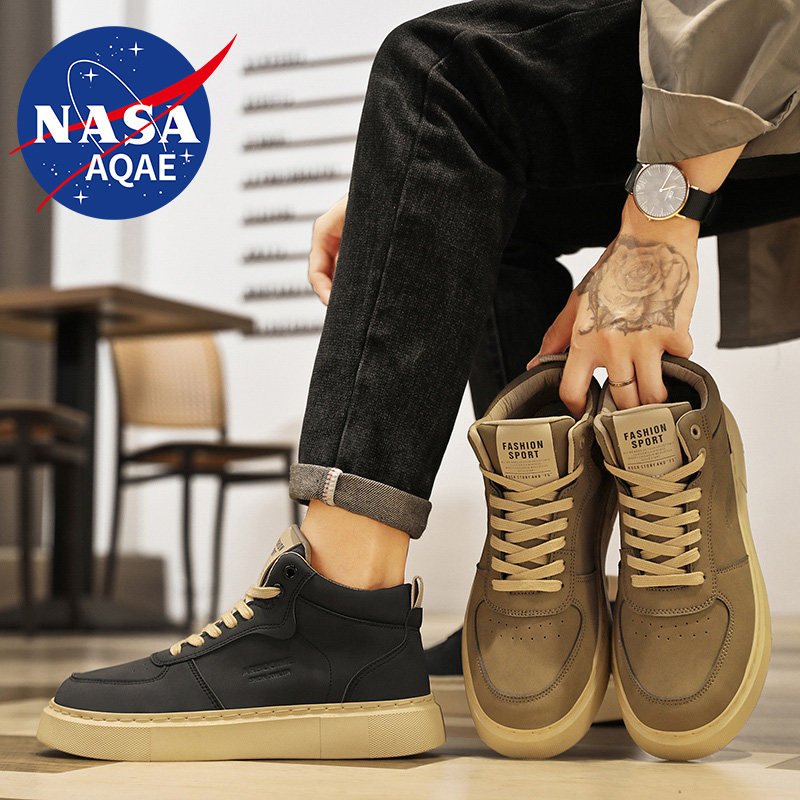 NASA AQAE联名时尚百搭高帮男冬防滑运动鞋皮面休闲鞋平底板鞋潮