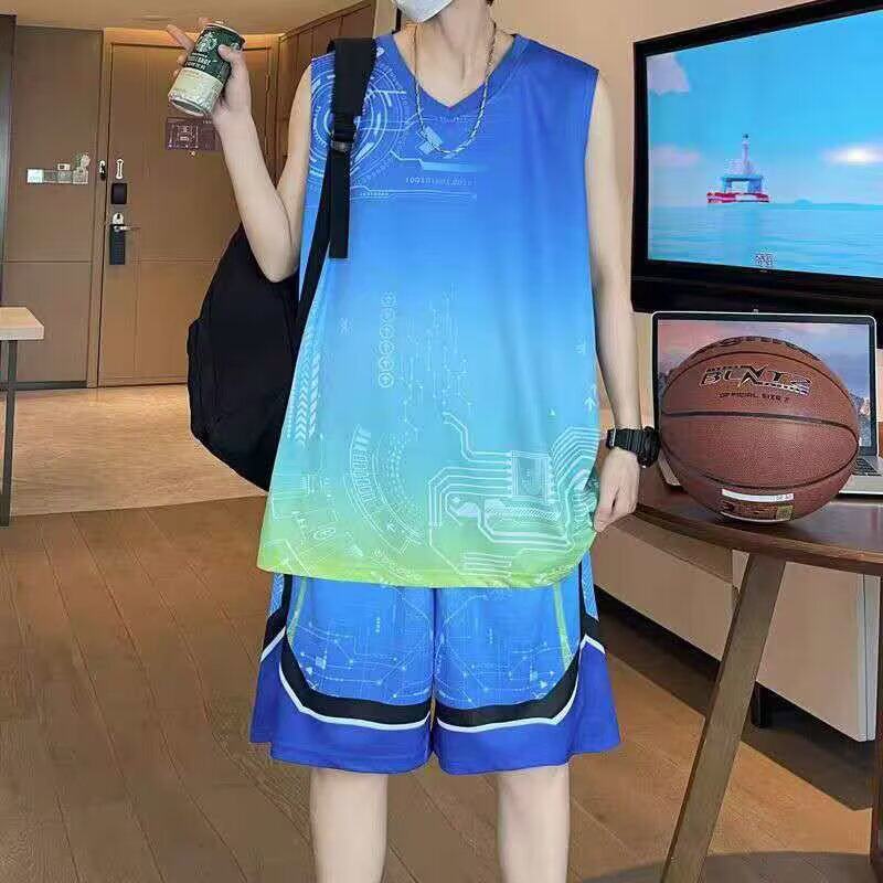 夏季帅气冰丝运动套装男无袖背心短裤篮球服休闲速干大码宽松球衣