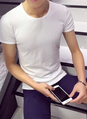 男士纯白色圆领打底衫T血男冰丝短袖便宜纯色修身汗衫t桖内衣t恤